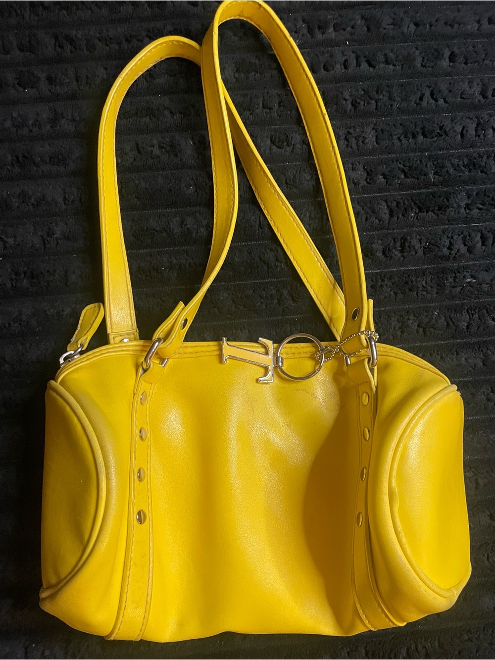 Vintage 1990s Chateau Yellow Faux Leather Bowler Shoulder Bag Studded